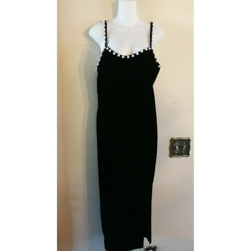 Women Midi ST AL Exclusive Cocktail Black Velvet Dress w Pearls Size 12 See desc